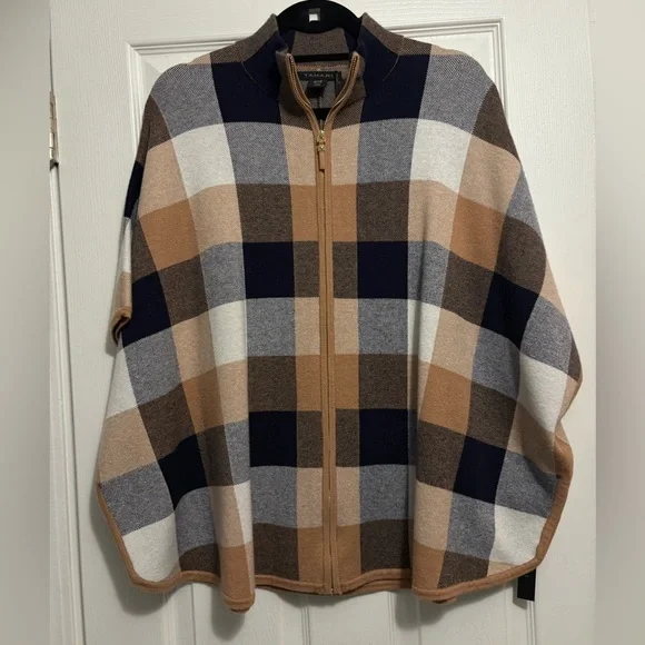 NWT! TAHARI Navy and Tan Plaid Sweater Poncho, S/M - Picture 2 of 8